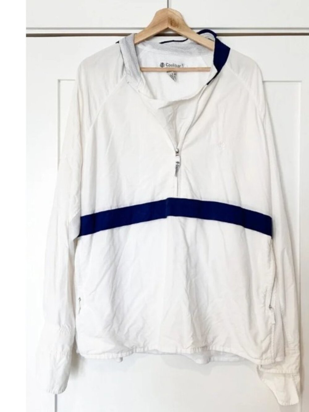 Coolibar Women's Sunshield White Blue Navy Stripe Long Sleeve LARGE SPF